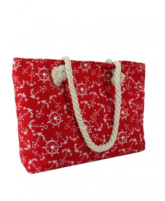 Red tote bag with beige rope handles, white vintage anchors and wooden boat steering wheels