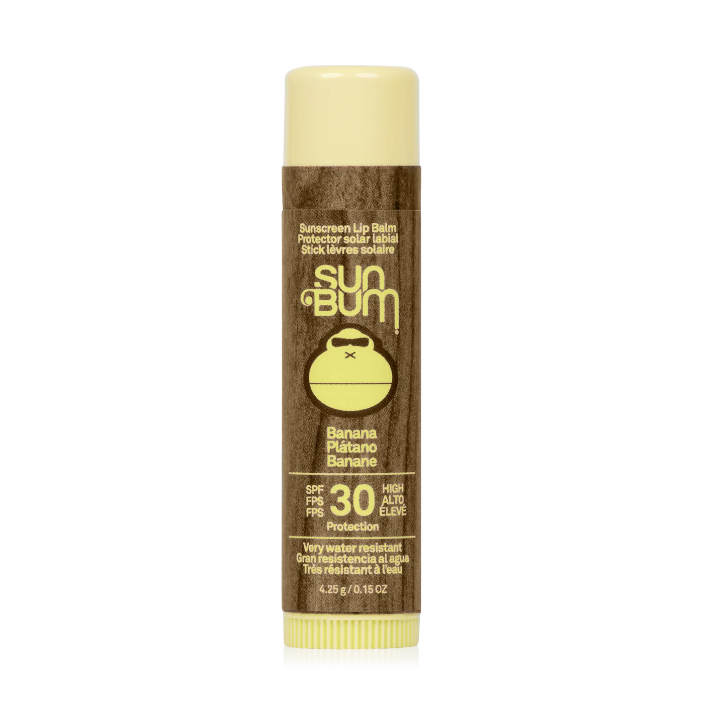 Lip balm container with a yellow top and bottom, wood grain centre, along with the sun bum wordmark and mascot