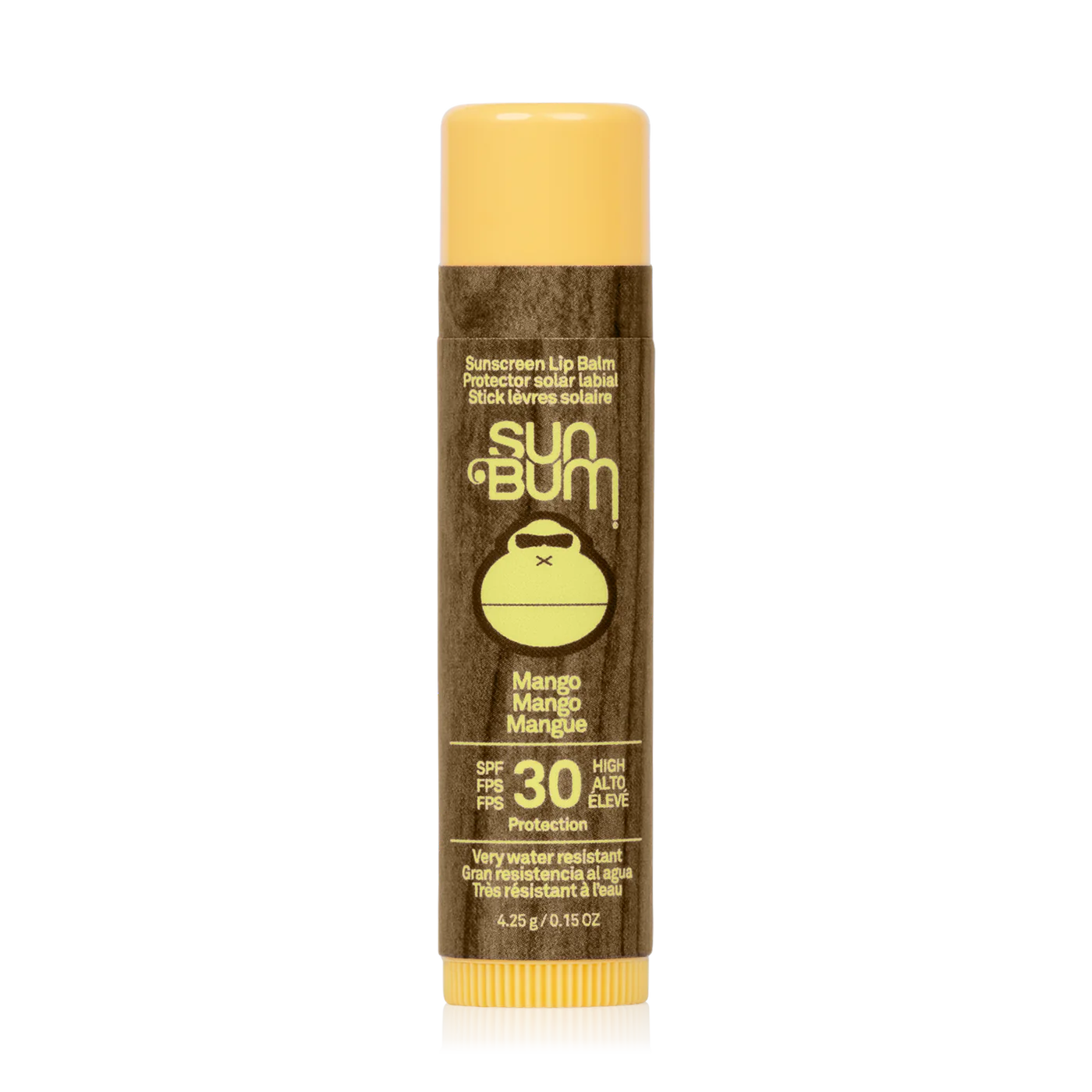 Lip balm container with a yellow top and bottom, wood grain centre, along with the sun bum wordmark and mascot