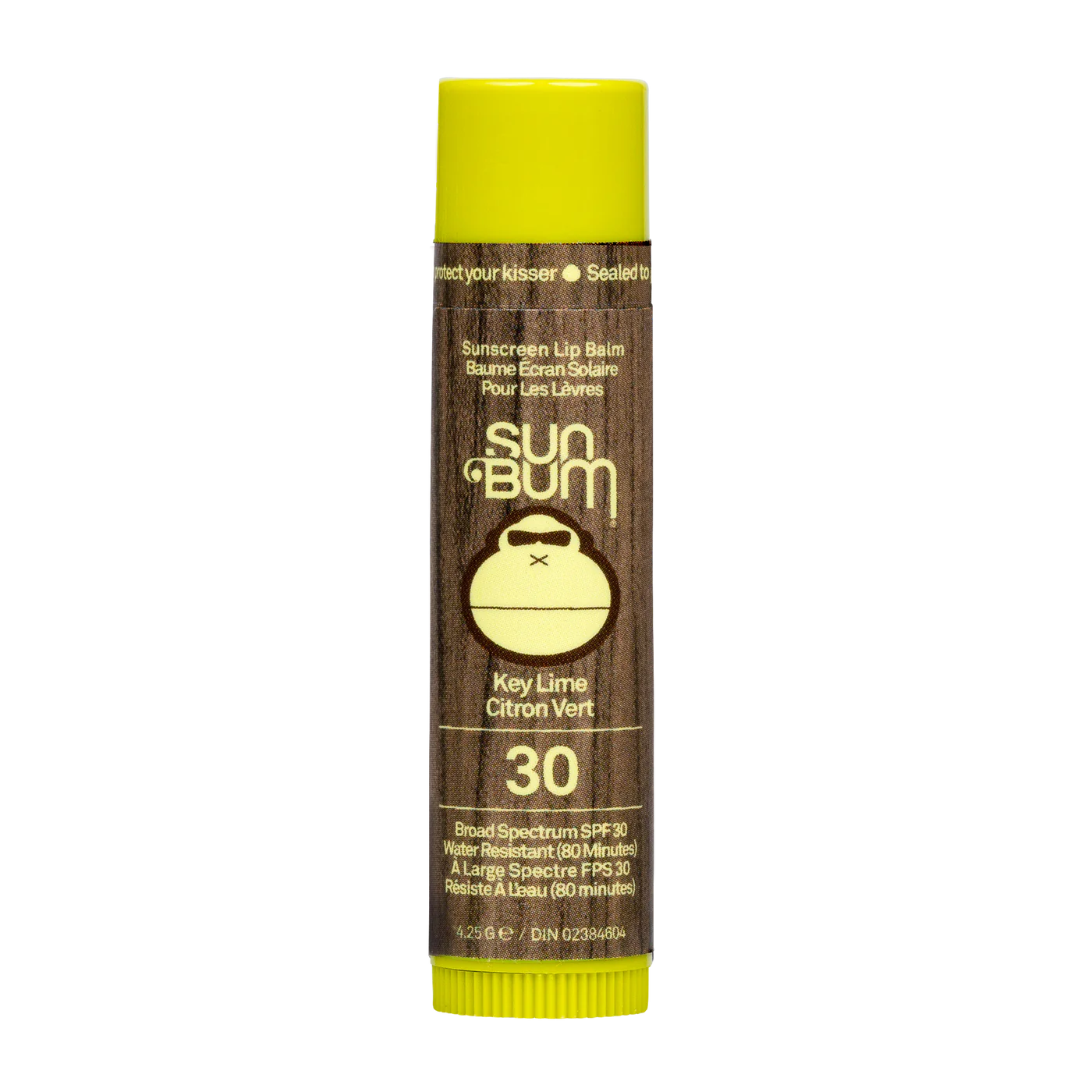 Lip balm container with a bright green top and bottom, wood grain centre, along with the sun bum wordmark and mascot