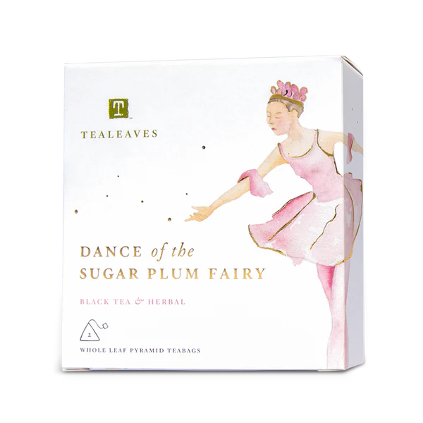 White box with the tealeaves logo, the text "Dance of the Sugar plum fairy", with a lady in a pink dress dancing on the right hand side 