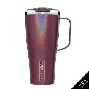 Tall pint sized insulated mug in a glitter infused reddish pink