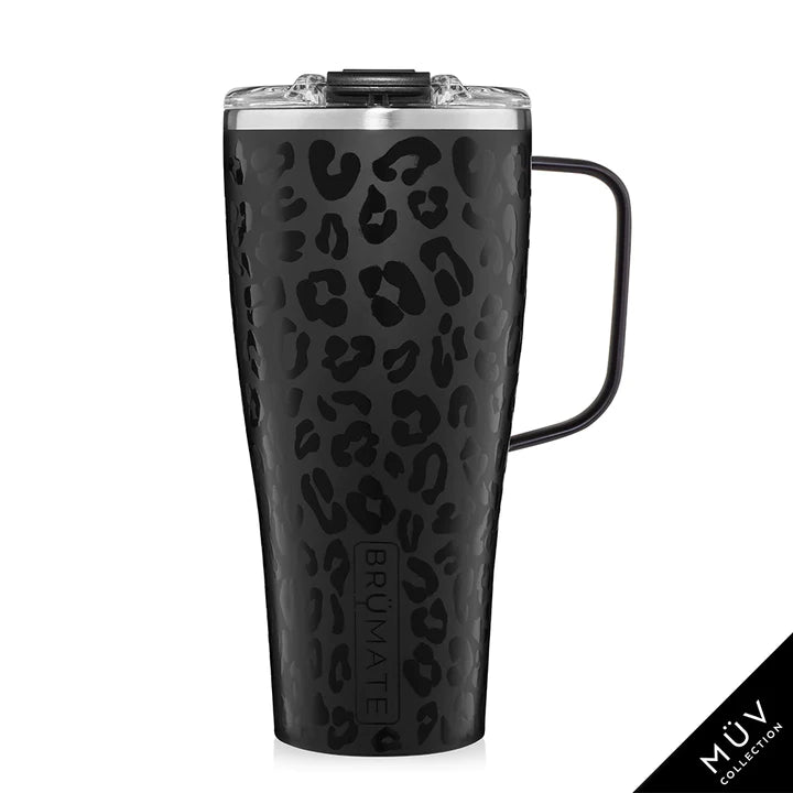 Tall pint shaped insulated mug in a black leopard pattern