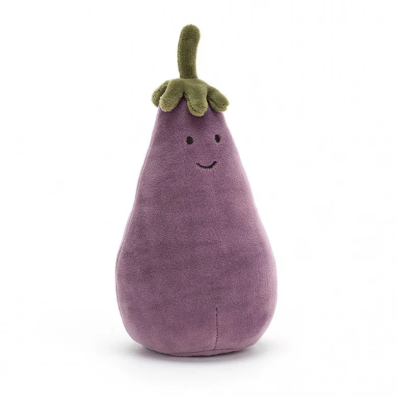 Smiling plush purple eggplant with a green stem