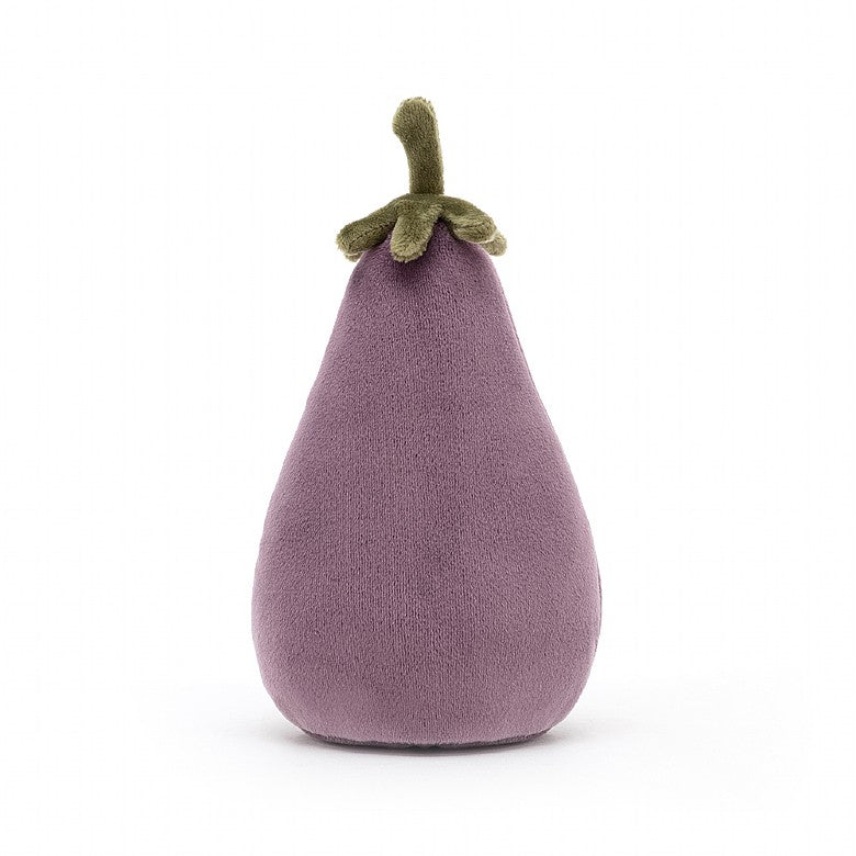 rear view of a plush purple eggplant with a green stem