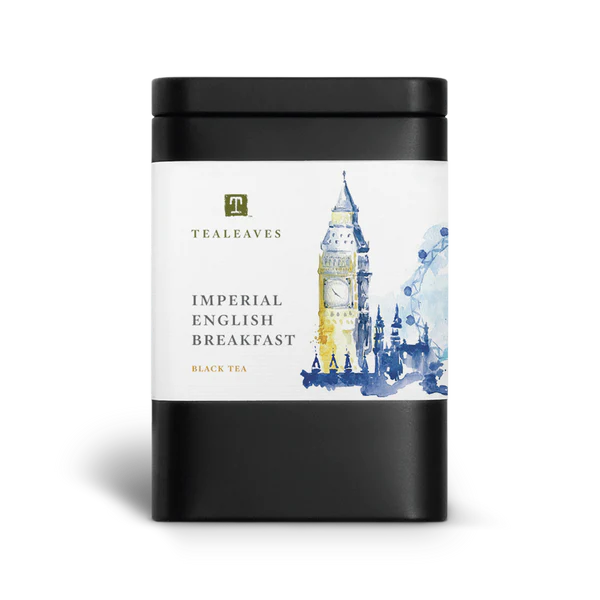 Black rectangular container with a large white label that has the tealeaves logo and product name imperial english breakfast