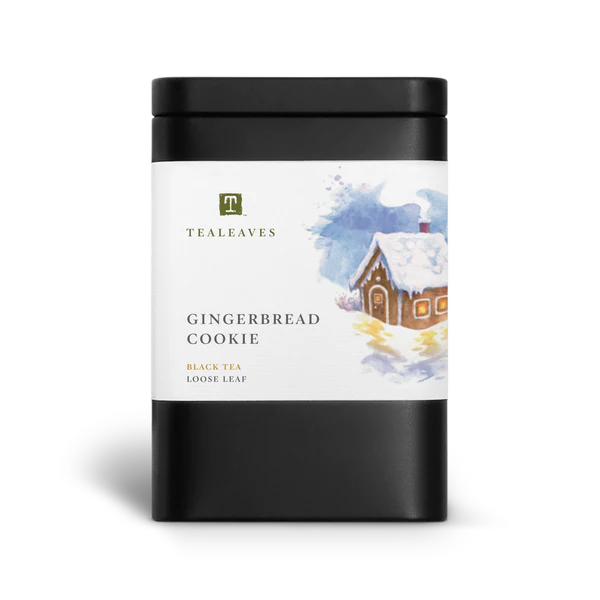 Black rectangular container with a large white label that has the tealeaves logo and product name gingerbread cookie