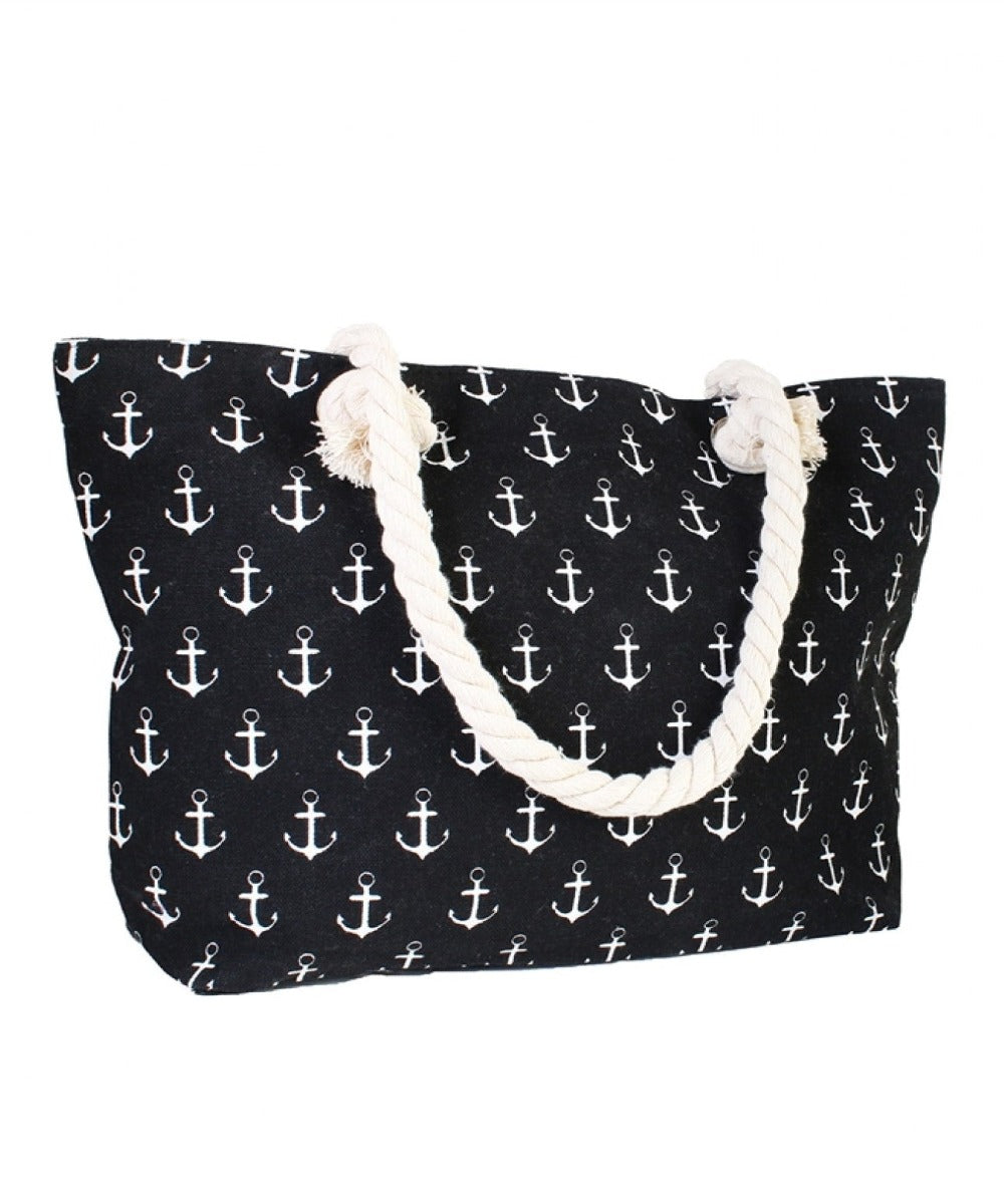black tote bag with white rope handles, and a white anchor pattern