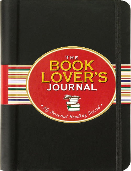 black book with a multi-coloured stripe in the middle with a red circular logo that says the book lover's journal