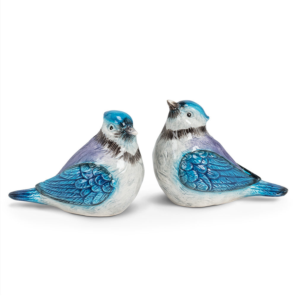 Two blue jay shaped salt and pepper shakers