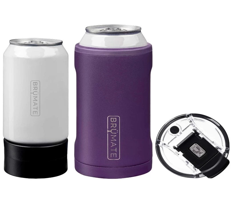 Glitter infused purple cylindrical can holder, alongside a black cylindrical can stand with a  black matched lid next to it