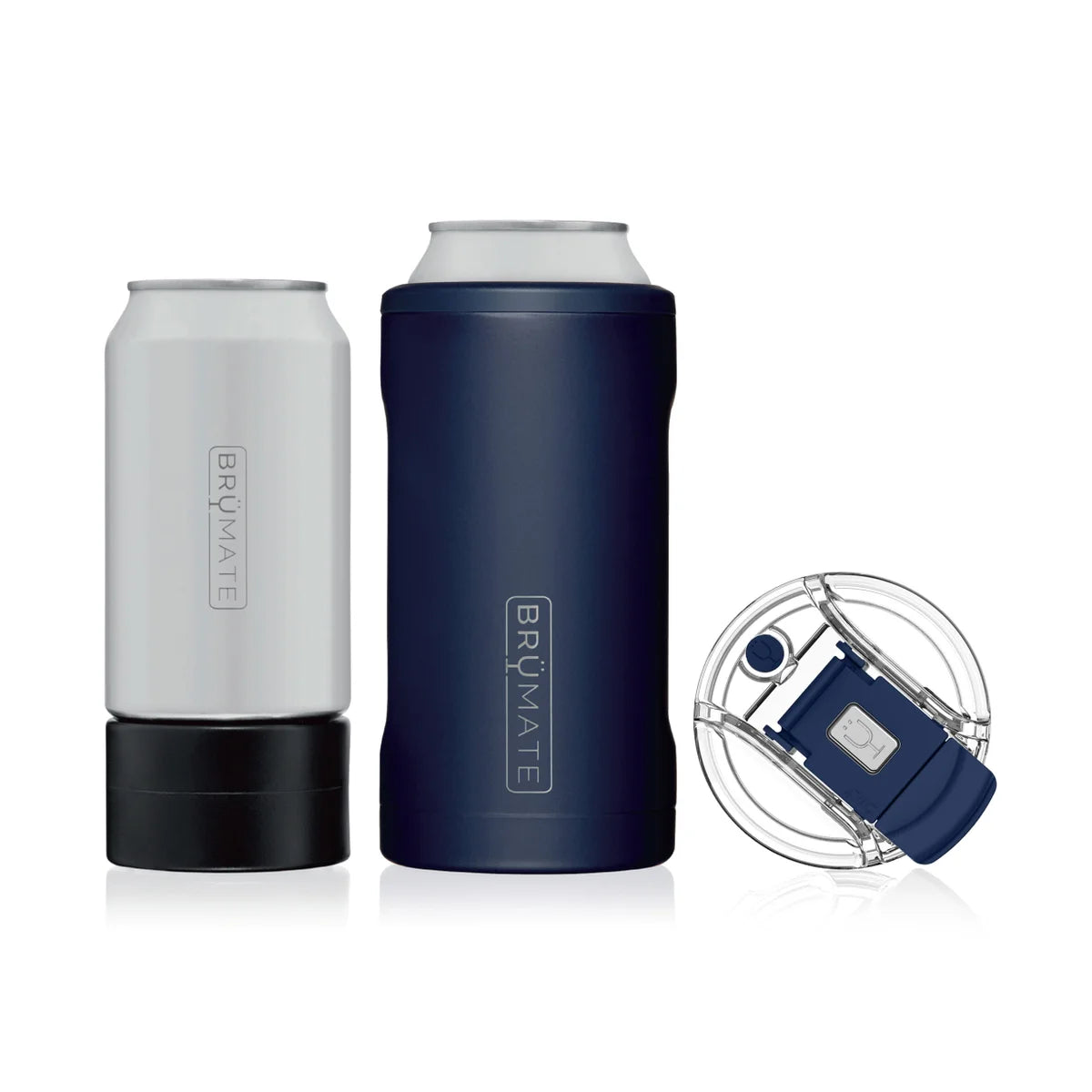 Navy blue cylindrical can holder, alongside a black cylindrical can stand with a colour matched lid next to it