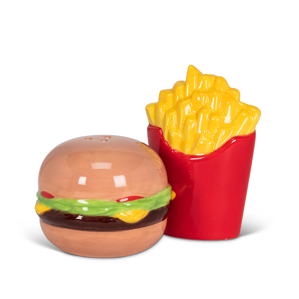 Salt and pepper shakers in the shape of a burger and fries with a red painted fry box
