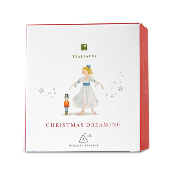 white and red box with the tea leaves logo, the text "christmas Dreaming", and a girl dancing with a nutcracker