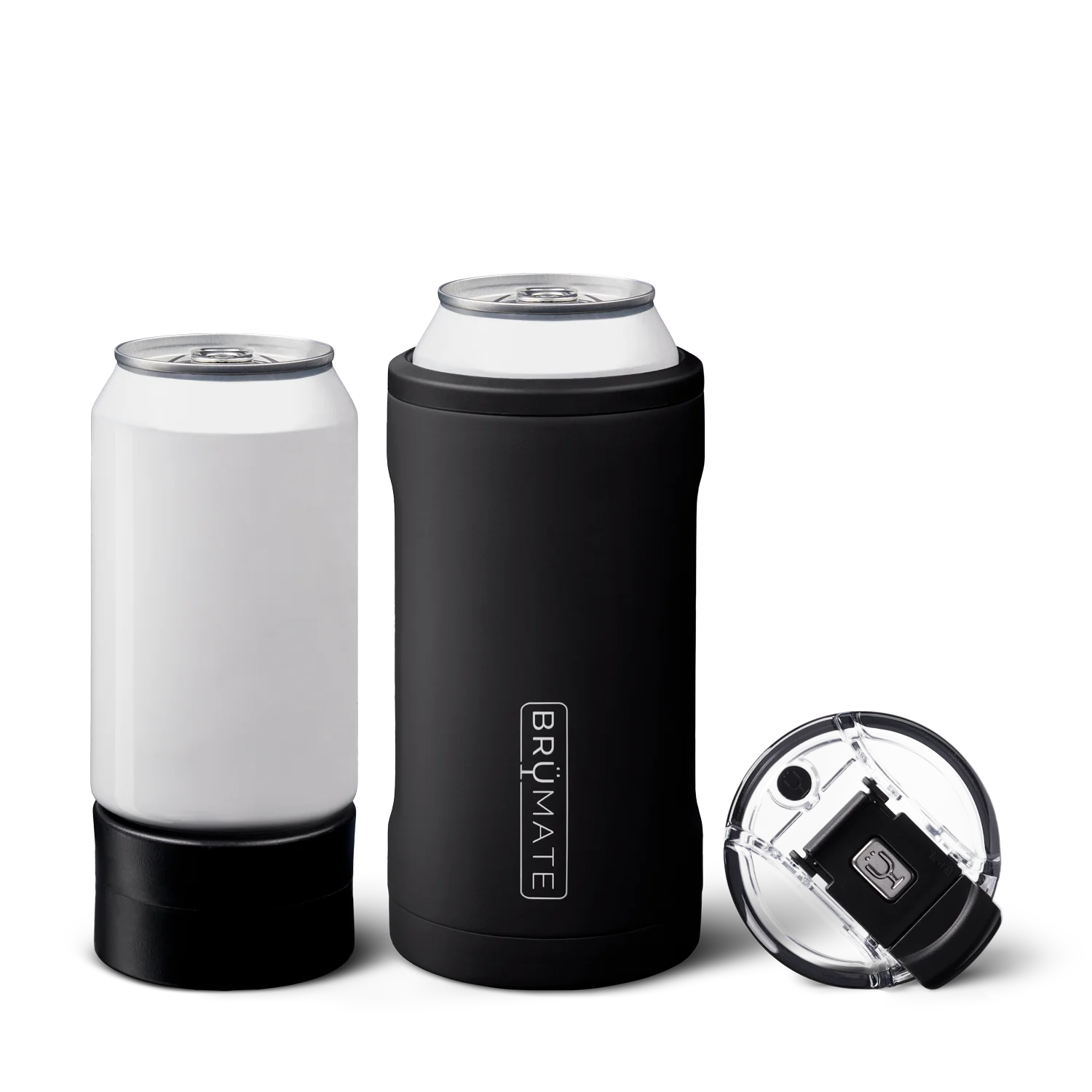 Black cylindrical can holder, alongside a black cylindrical can stand with a  colour matched lid next to it