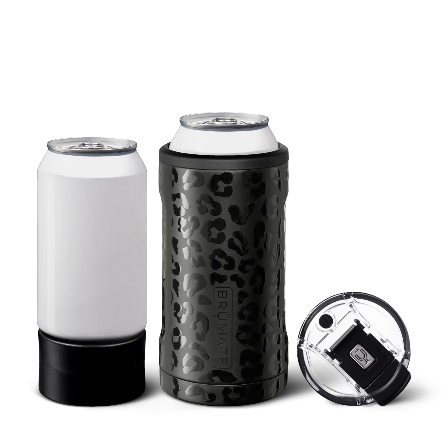 black leopard patterned cylindrical can holder, alongside a black cylindrical can stand with a colour matched lid next to it