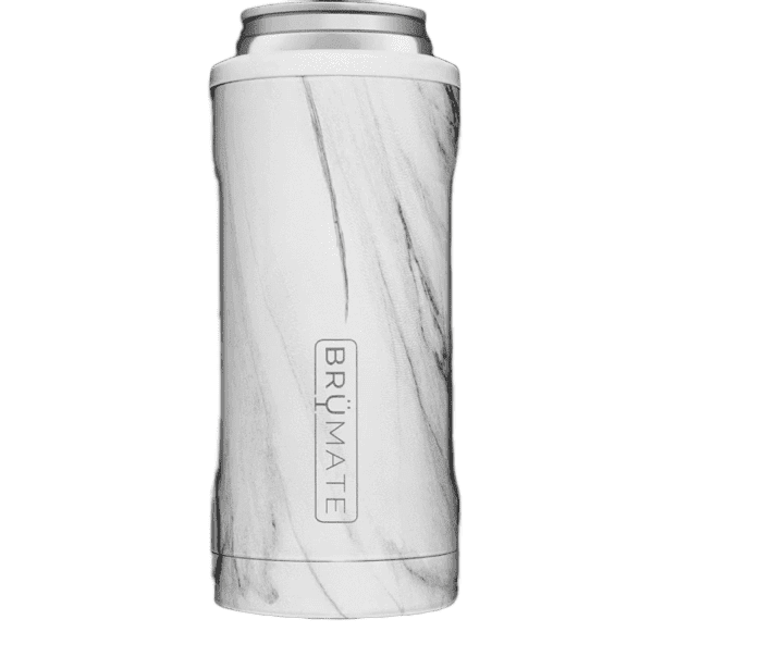 Tall cylindrical can holder with a marble print, and brumate etched into the side 