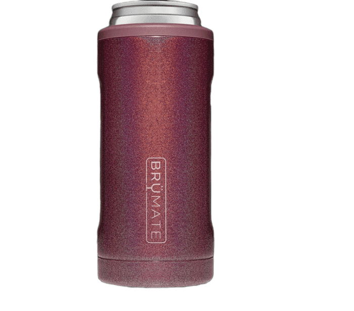 Tall glitter infused deep purple-red cylindrical can holder with brumate etched into the side
