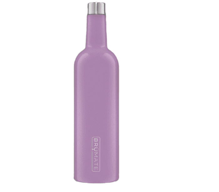 light purple  wine bottle shaped water bottle with Brumate etched vertically into the bottom
