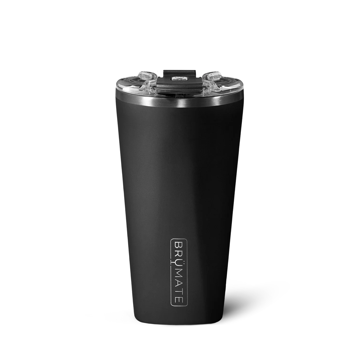matte black insulated pint glass with brumate etched vertically into the side