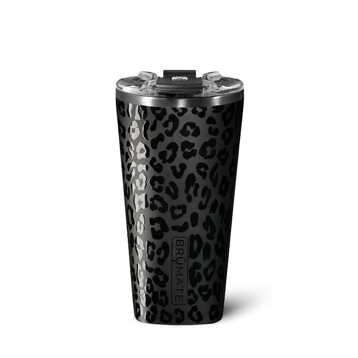 Black leopard pattern insulated pint glass with brumate etched vertically into the side