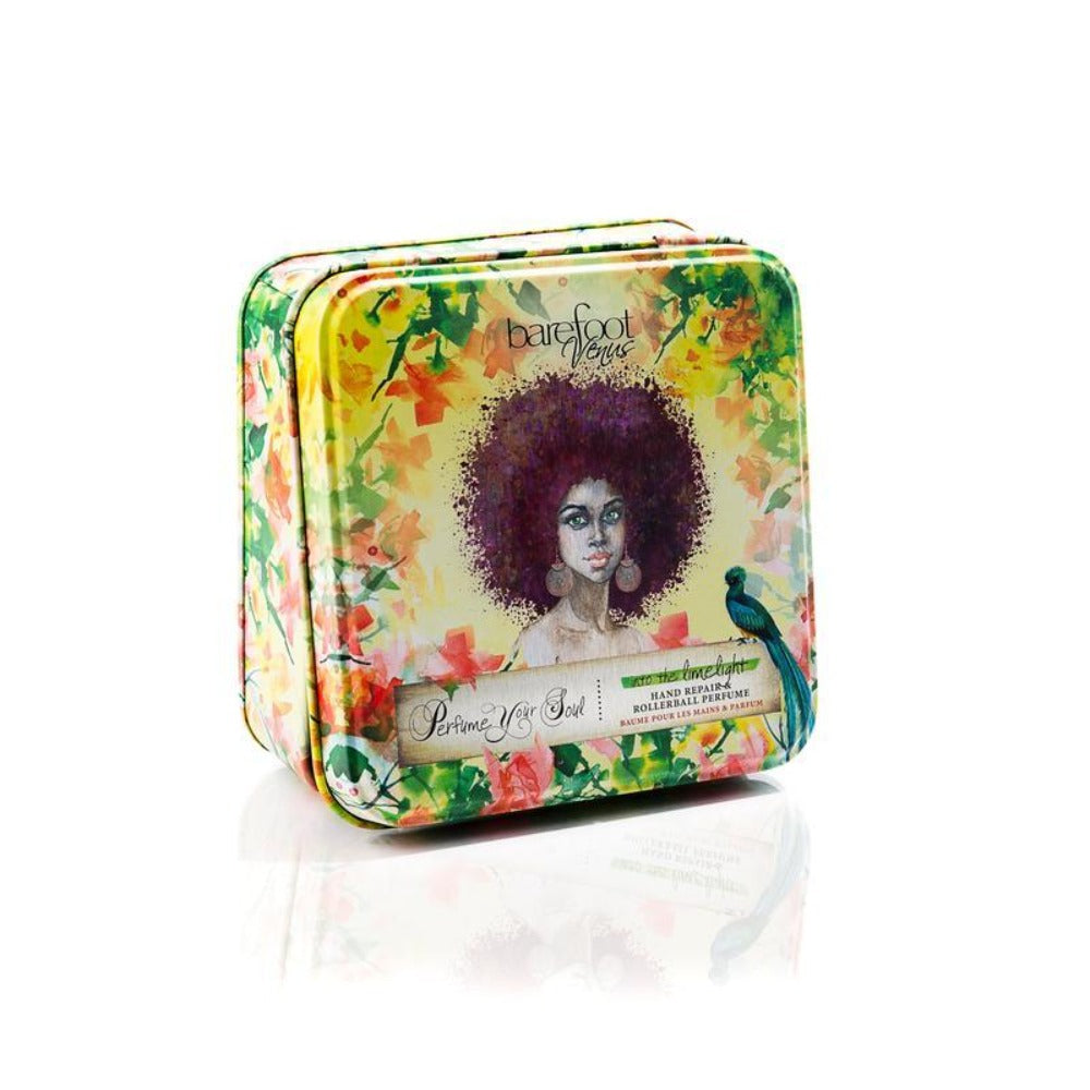 Yellow tin with a green and red floral pattern, and a woman with a purple afro