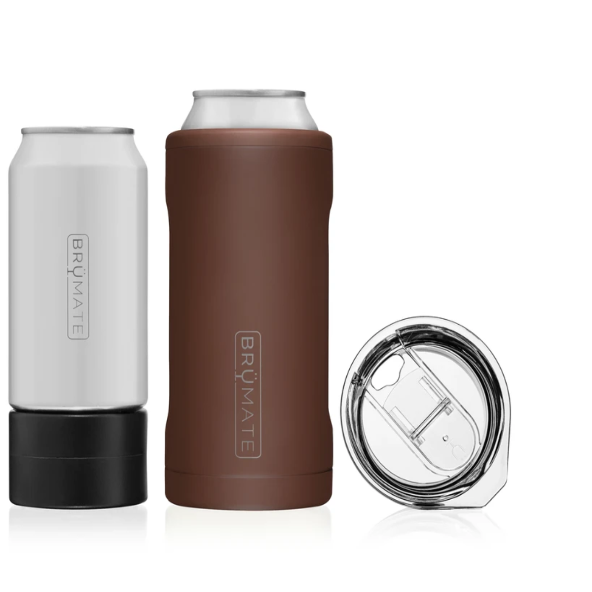 Brown cylindrical can holder, alongside a black cylindrical can stand with a clear lid next to it