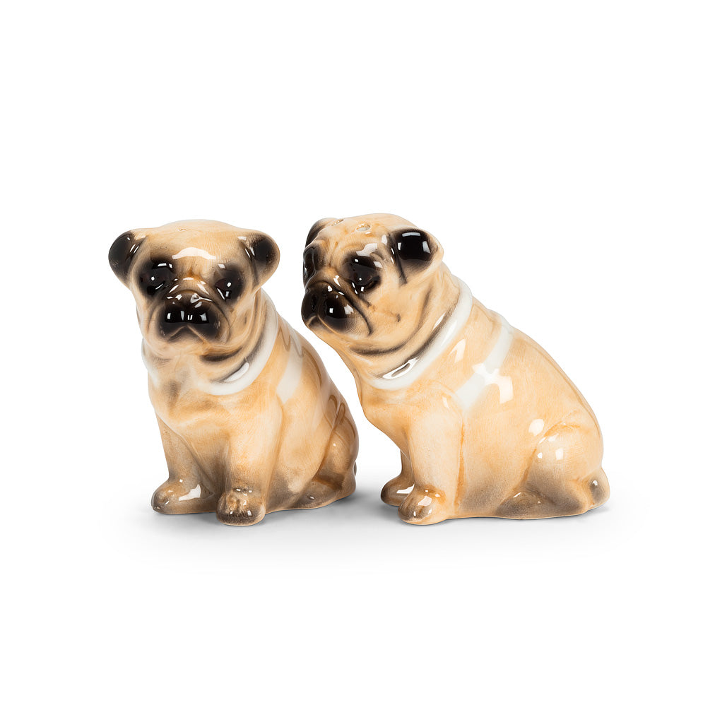 Two salt shakers in the shape of sitting pugs 