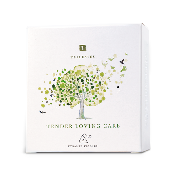 white box with the tealeaves logo, a watercolour tree, and "tender loving care" written below it