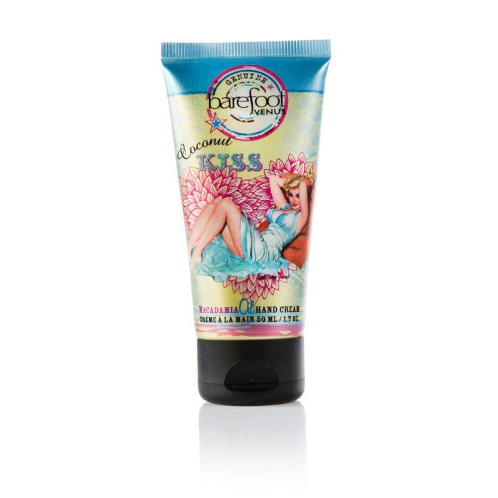 hand cream tube with a off-white and light blue design, and a pin up model wearing a light blue dress sitting n pink flowers