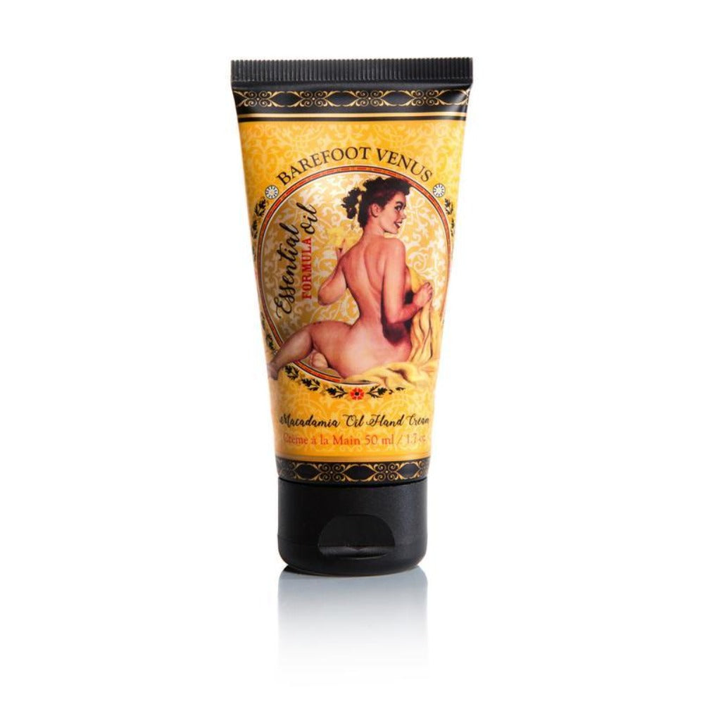 Oil cream tube with a curcular design in the middle, and a pin up model with a yellow blanket in the middle 
